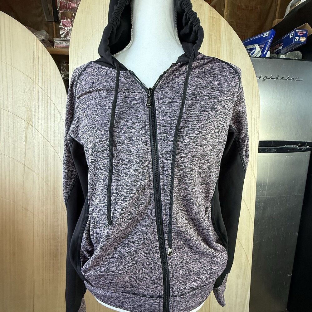 Women’s Heather Mauve Black Full Zip Athletic Hoodie Jacket Thumbhole Activewear